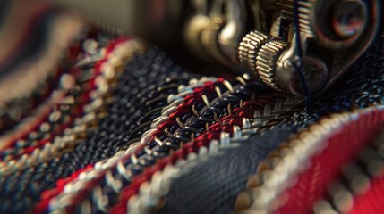 Poster - Detailed close up of fabric being sewn on a sewing machine, perfect for crafting or sewing projects.