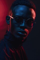 Poster - A man wearing a black jacket and sunglasses. Suitable for fashion and urban lifestyle concepts.