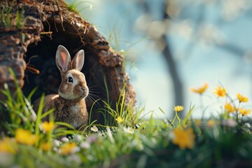 Easter bunny rabbit seen through an easter egg shaped hole. 3D Rendering. Generative AI