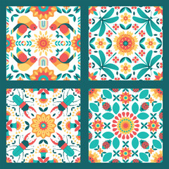 Set of spring seamless pattern with bird, dragonfly, stagbeetle, ladybug and flowers.  Abstract floral ornament with nature elements. Background, texture for tile, wallpaper, paper,  fabric, packaging