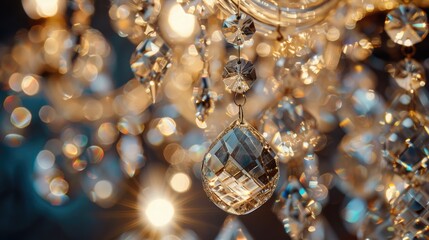 Poster - Close up view of a chandelier with lights in the background. Suitable for interior design concepts.