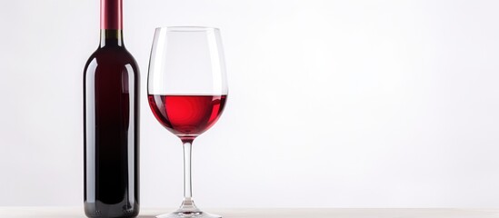 Poster - A bottle of red wine and a wine glass are placed on a table, ready to be enjoyed. The stemware and barware set the scene for a relaxing drink of this alcoholic beverage