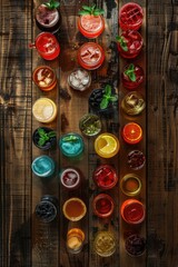Poster - Various beverages displayed on rustic wooden table. Ideal for food and beverage concepts.