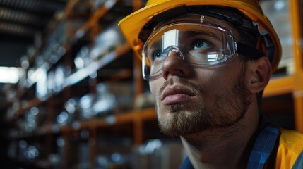 Fototapete - A man wearing a hard hat and safety glasses. Suitable for construction and industrial concepts.