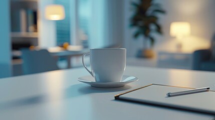 Poster - Coffee cup and notebook on table, perfect for office or study concept.