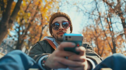 Poster - A man sitting in a park looking at his cell phone. Suitable for technology or outdoor lifestyle concepts.