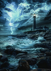 Wall Mural - Lighthouse and storm on the sea