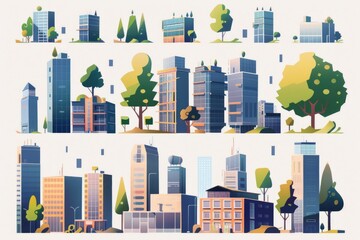 Poster - City skyline with modern skyscrapers and green trees, suitable for urban concepts.