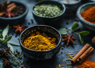 Wall Mural - Spices and herbs on dark background