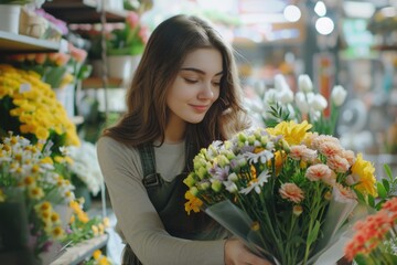 Poster - Woman holding a bunch of flowers in a flower shop. Perfect for floral business promotions.