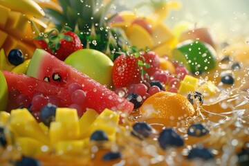 Poster - Close-up of a bowl of fresh fruit with water splashing on it. Great for healthy lifestyle and food concepts.