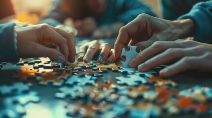 Poster - Group of people working together on a puzzle. Suitable for teamwork concepts.