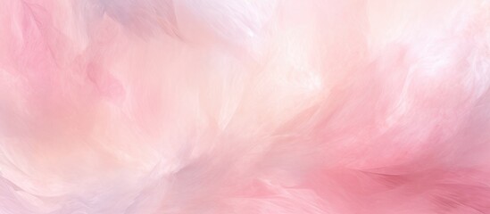 Poster - A soft pink and white blurred background with a feather texture resembling fluffy cumulus clouds in shades of peach, magenta, and violet