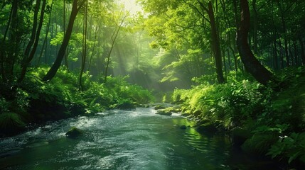 Poster - A peaceful stream flowing through a vibrant green forest. Perfect for nature-themed designs.