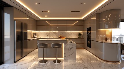 Sticker - a kitchen with a marble counter top and bar stools next to a counter with a marble counter top and two bar stools next to it.