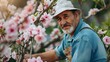 © Irina Ukrainets - Smiling senior man admiring blossom in springtime. casual outdoor portrait, engaging with nature. capturing joy and serenity. snapshot of everyday life. AI
