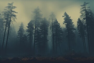 Wall Mural - Duotone forest landscape in misty ambiance