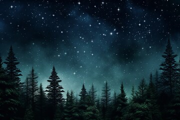 evergreen tree silhouettes against a starry night sky