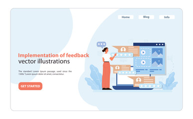 Poster - Feedback Implementation Process. Detailed illustration of a professional analyzing.