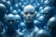 Numerous humanoid figures with blue skin, resembling aliens, gathered together in a crowded setting.