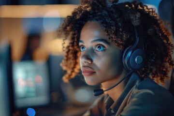 Aufkleber - A woman wearing a headset working at a computer. Suitable for business and technology concepts.
