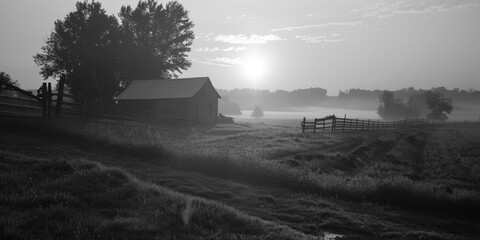 Poster - A black and white photo of a barn in a field. Suitable for rural and agricultural themes.