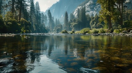 Aufkleber - Scenic view of a river with rocks and trees in the background. Suitable for nature and landscape themes.