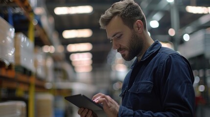 Aufkleber - A man in a warehouse looking at a tablet. Suitable for technology or inventory management concepts.