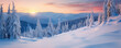 Sunrise over snowy mountain forest landscape