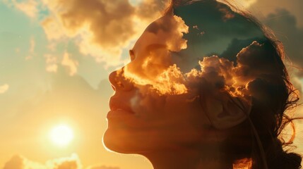 Poster - A woman looking up at the sky with clouds in the background. Suitable for various concepts and designs.