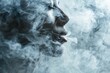 A woman exhaling a billow of smoke from her mouth, creating a mysterious and captivating visual. The smoke swirls around her in a delicate dance