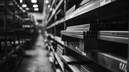 Poster - A black and white photo of a shelf in a warehouse. Suitable for industrial concepts.