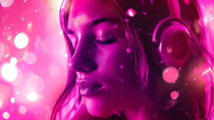 Poster - Vibrant female portrait in a neon glow, wearing headphones. modern digital art style captures a relaxed mood. perfect for music or lifestyle themes. AI