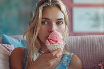 Canvas Print - Woman enjoying ice cream on a couch, suitable for lifestyle and food-related projects.