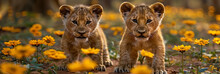 Two Lion Cubs Standing In A Sunny Field Of Vibrant Yellow Flowers