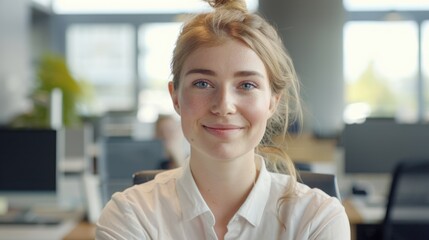 Aufkleber - Woman in a white shirt sitting at a desk. Suitable for business and office concepts.