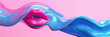 Glossy lips in a wavy sculpture against a vivid pink backdrop. Abstract face for presentation of cosmetic procedures. Cosmetology concept