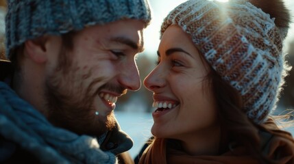 Poster - A man and a woman smiling at each other. Perfect for illustrating love and happiness.