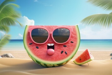 A playful offbeat composition of a slice of watermelon with sunglasses at the beach