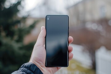 Poster - A person holding a black cell phone, suitable for technology concepts.
