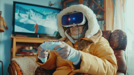 Poster - Person with helmet holding video game controller, perfect for gaming concept.