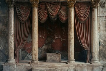 Poster - A stage with red curtains and a stone bench, suitable for theater or performance concepts.