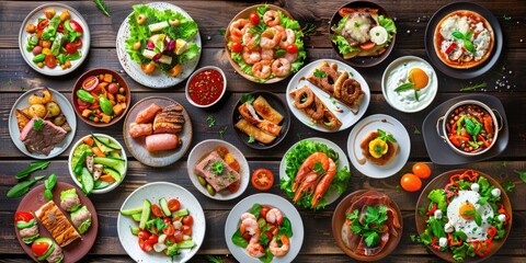 Poster - Various delicious dishes displayed on a rustic table. Perfect for food blogs or restaurant menus.