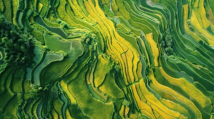 Poster - A beautiful aerial view of a green and yellow rice field. Perfect for agricultural and nature concepts.