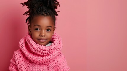 Photo of a cute black 8 year old girl wearig a very large pink sweater, AI generated image