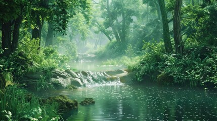 Aufkleber - Scenic view of a stream in a lush forest. Suitable for nature-themed projects.