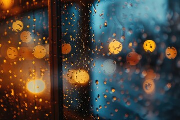Poster - Rain drops on a window with a street light in the background. Perfect for illustrating a cozy rainy day scene.