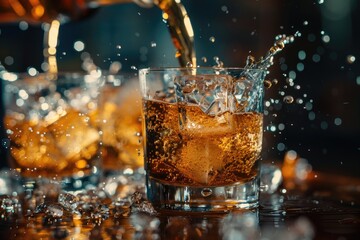 Poster - Glass of liquid with ice cubes on table, perfect for beverage concept.