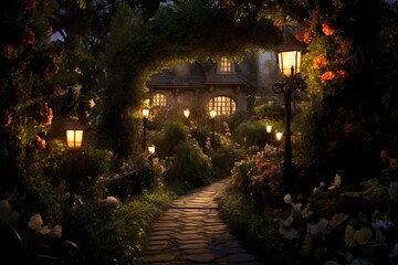 Wall Mural - A candlelit path leading through a garden