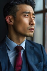 Aufkleber - A man in a suit and tie looking out a window. Suitable for business concept images.